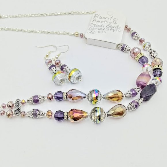 AMETHYST& PURPLE FLUORITE*LARIAT/Y STYLE NECKLACE & EARRINGS. - Picture 5 of 6